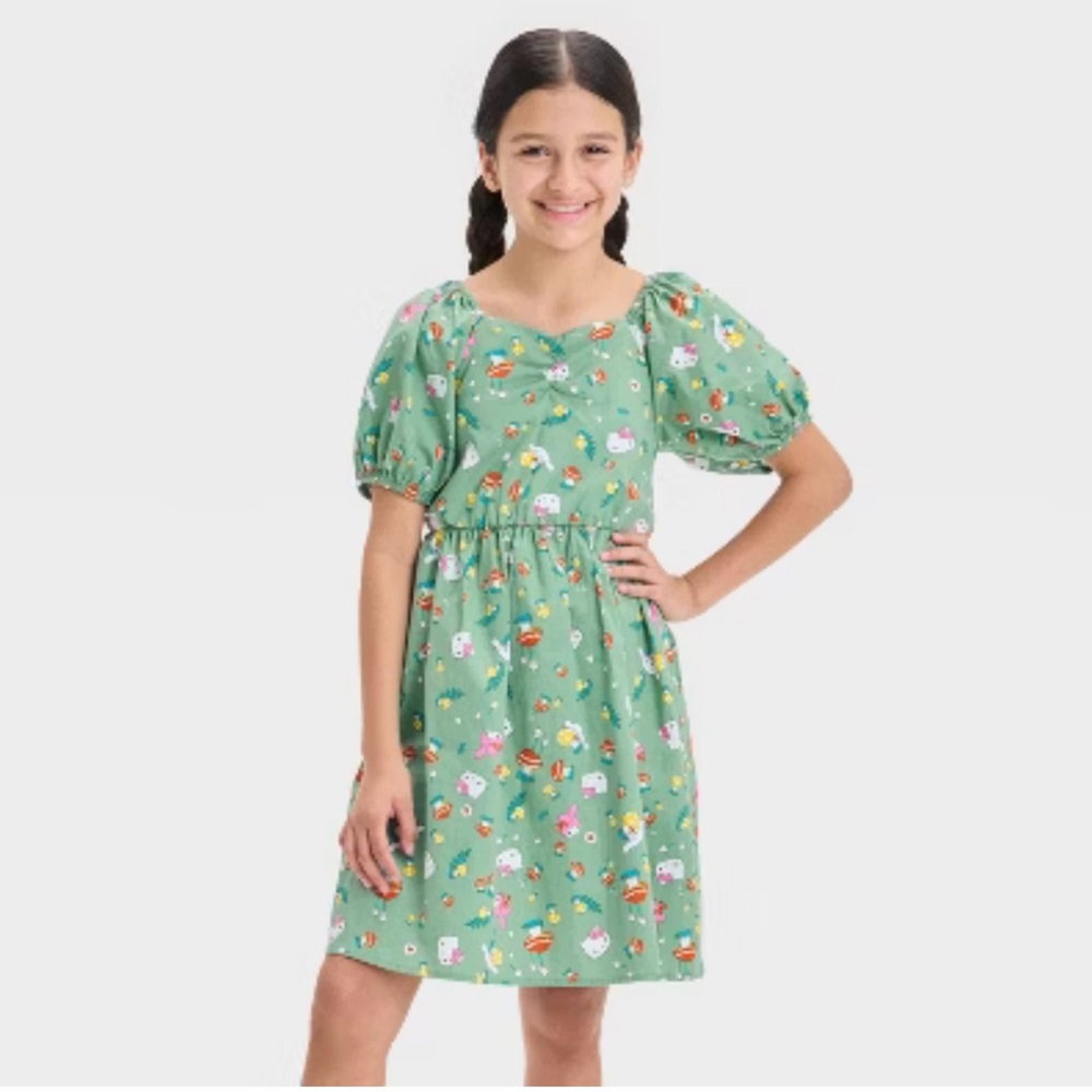 Sanrio Hello Kitty Green Kids Dress with Floral Print